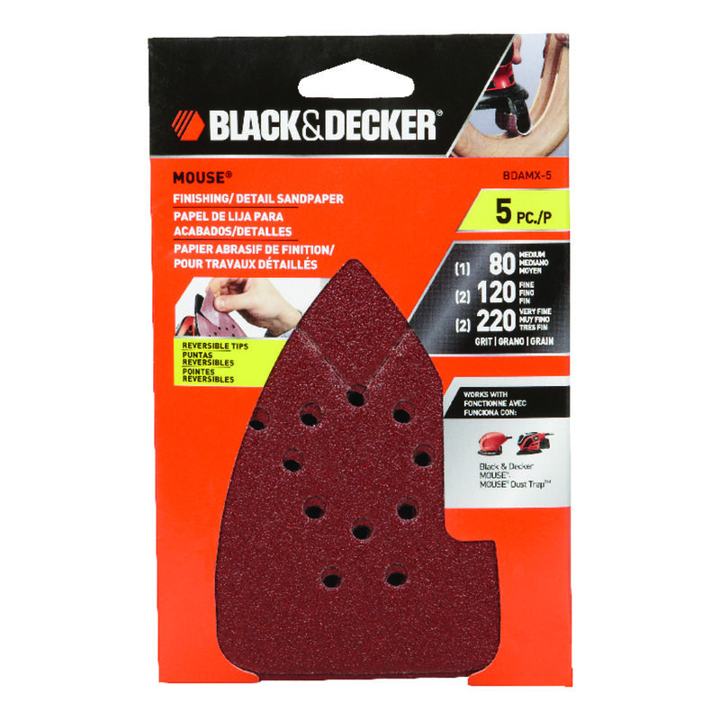 Black+Decker Mouse 5-1/4 in. L X 3-3/4 in. W 80/120/220 Grit Aluminum Oxide  Sandpaper 5 pk - Ace Hardware